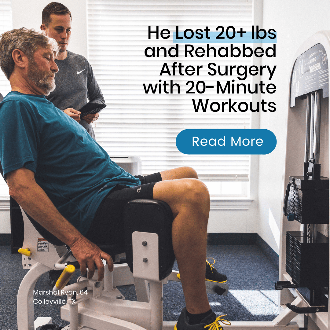 Member strength training on workout machine post surgery