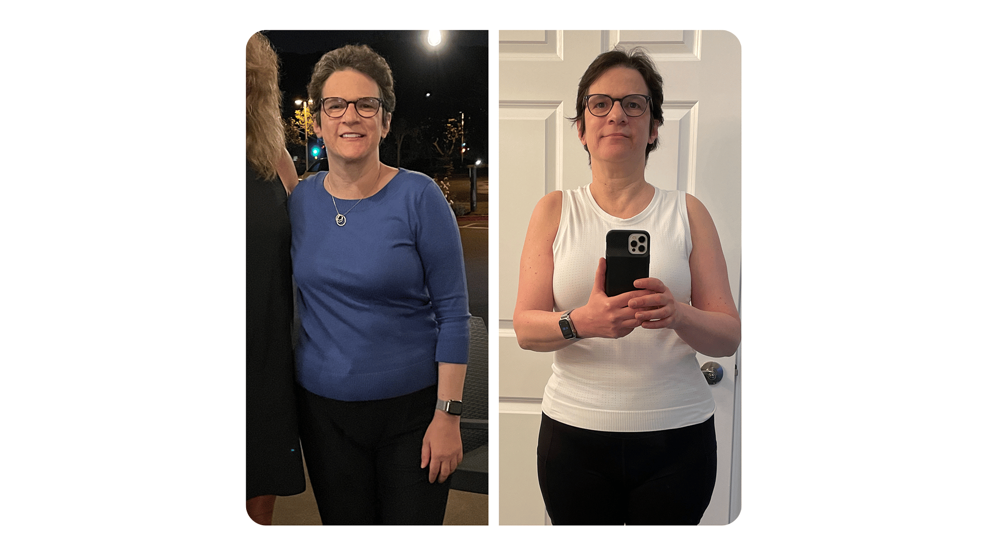 A before and after picture of a woman who transformed her life through The Perfect Workout