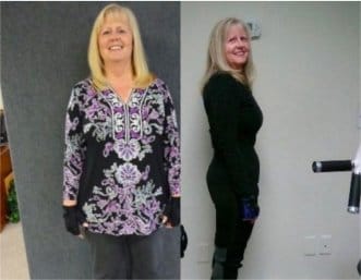 Before and after photos of a satisfied client showcasing her fitness journey with The Perfect Workout.