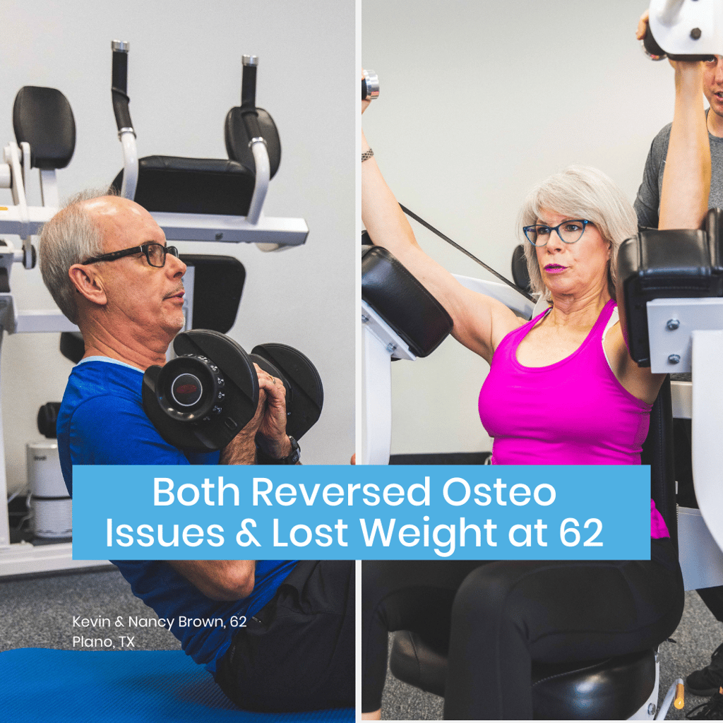 A man holding dumbbell doing ab exercises and a woman using a tricep exercise machine