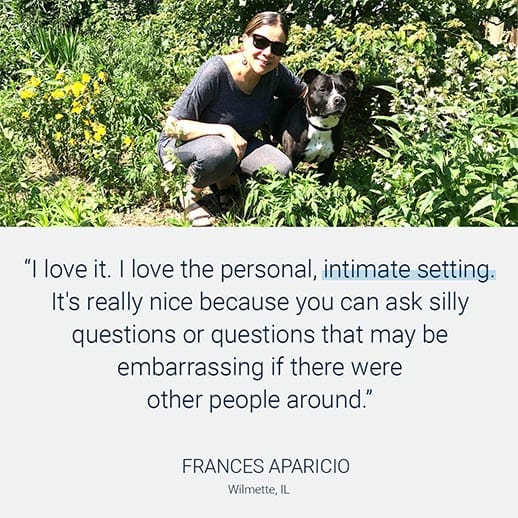 Real testimonial from Female client, who is with her dog