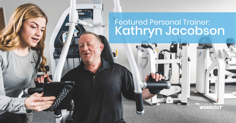 Female Personal Trainer Kathryn Jacobson coaching a man on the vertical chest press machine