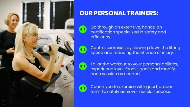 female client doing a preacher curl and a list of what our personal trainers do