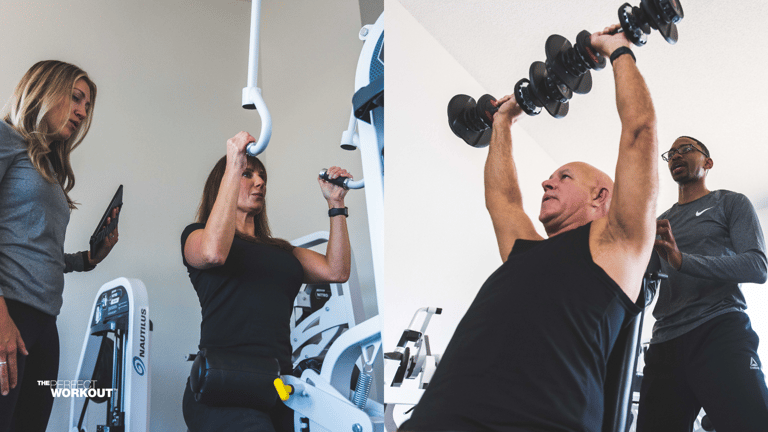 Female strength training on a machine and male strength training with free weights
