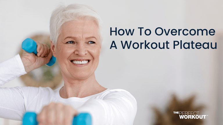 Image of a senior woman lifting two blue dumbbells