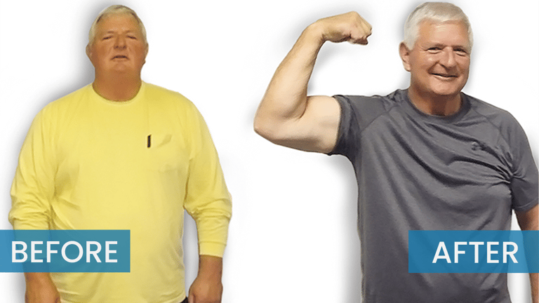 Before/After picture of a man's results after trying The Perfect Workout