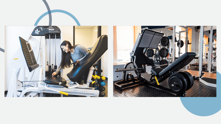 Image of a The Perfect Workout trainer setting up a Nautilus leg press next to an image of a plated leg press