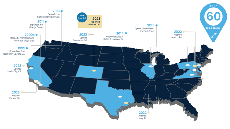 Map of studios that The Perfect Workout has opened featuring the new studio in Littleton, Colorado