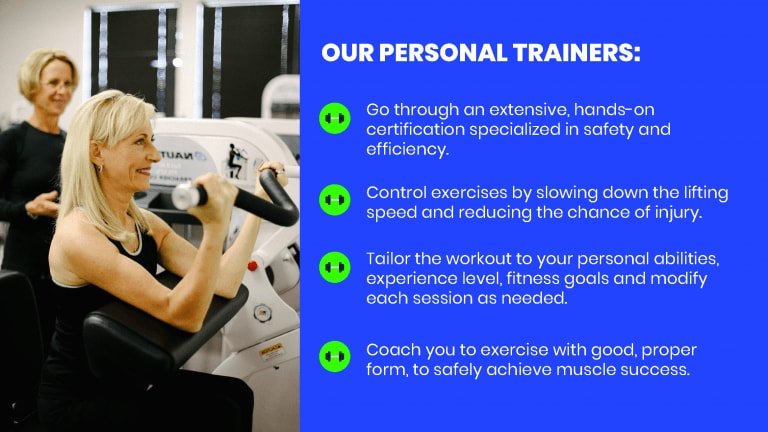 female client doing a preacher curl and a list of what our personal trainers do