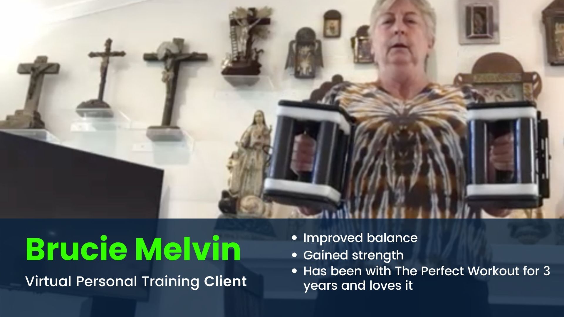 Virtual Personal training client lifting weights in family room