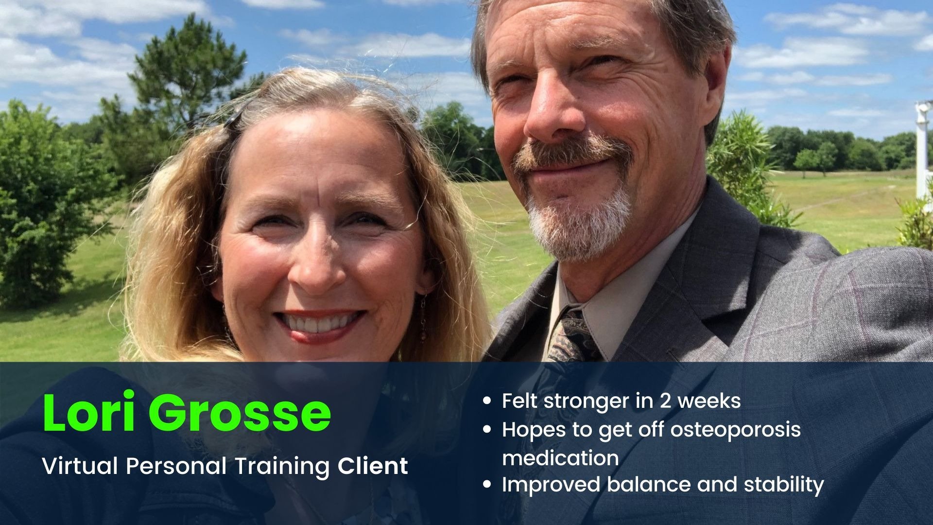 Virtual Personal training client smiling with husband and feels stronger