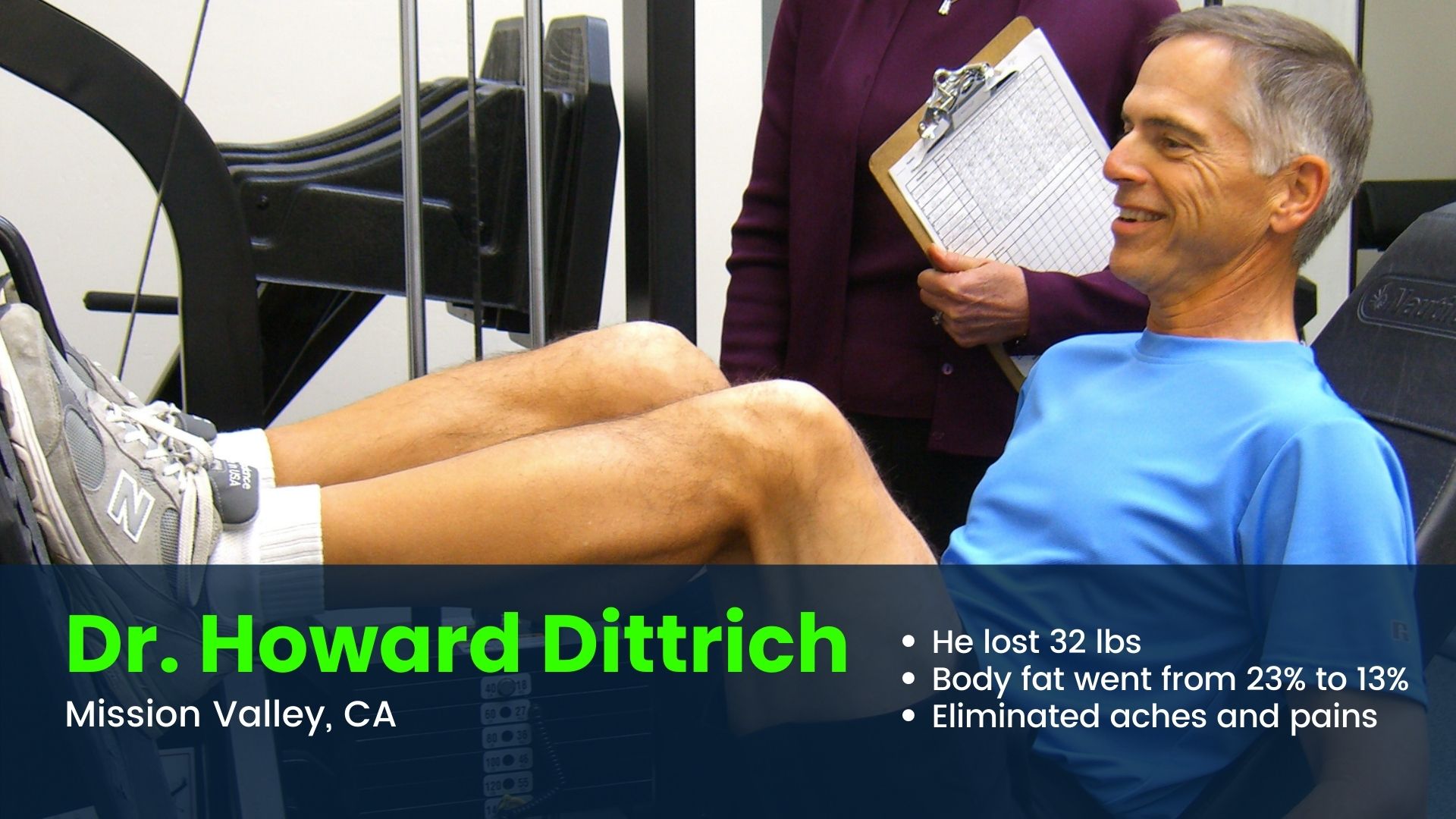 Doctor on leg press with personal trainer in Mission Valley
