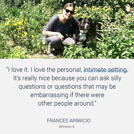 Real testimonial from Female client, who is with her dog