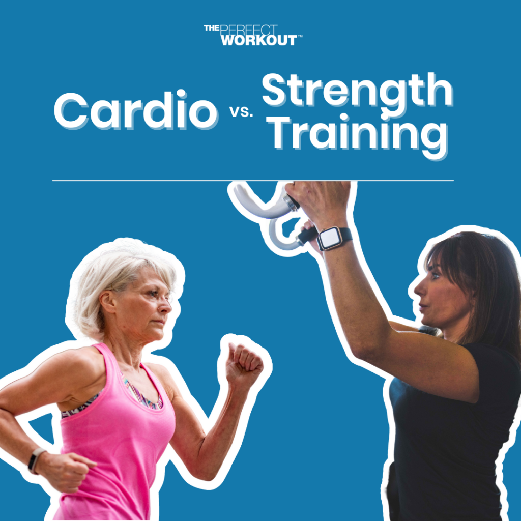 Cardio vs Strength Training - female running and a female performing a lat pulldown exercise