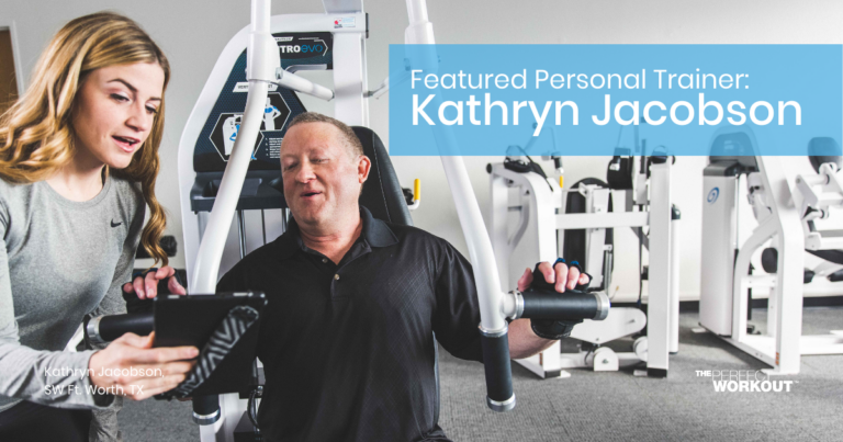 Female Personal Trainer Kathryn Jacobson coaching a man on the vertical chest press machine