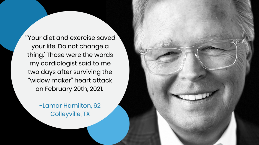 a picture of larry hamilton with a quote about his diet and workout saving his life from a heart attack