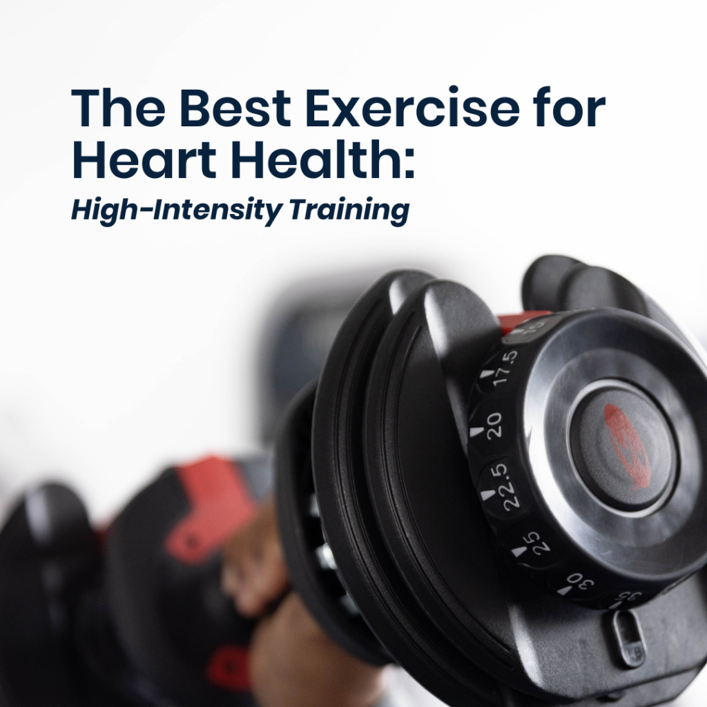 Text that says the best exercises for heart health with a picture of a dumbbell