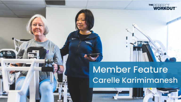 Image of a female trainer coaching Carelle on the compound row machine