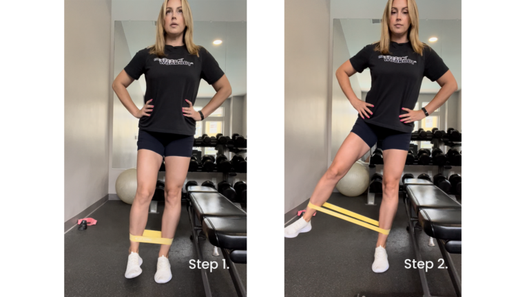 Female doing a standing abduction exercise using resistance bands