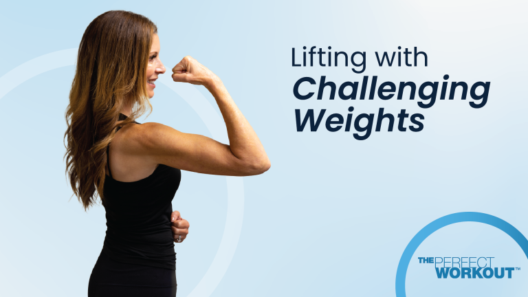 A female over 50 flexing her bicep